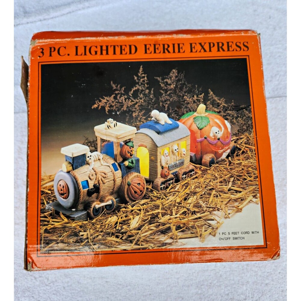 Vintage 90s Halloween train set 3 Pc Lighted Eerie Express decor Spooky pumpkin